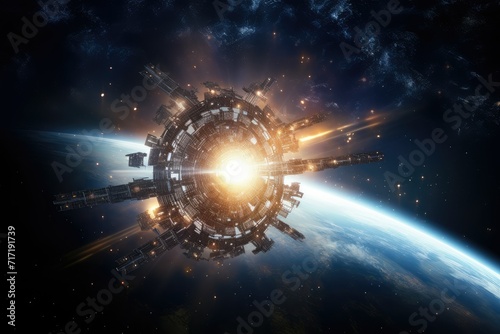 Futuristic space station. satellite in outer space with sparkling stars in the galaxy. Science fiction wallpaper. Spacecraft. 3D rendering.