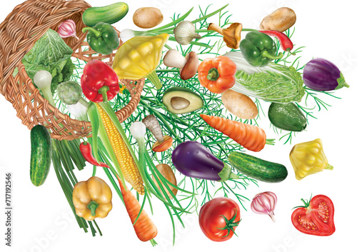Various colored vegetables falls from an wicker basket. vector mesh illustration
