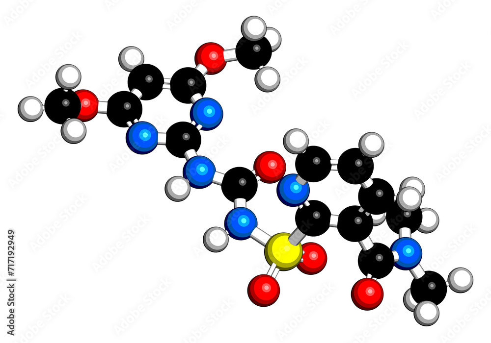 Nicosulfuron systemic herbicide molecule. 3D rendering. Nicosulfuron systemic herbicide molecule. 3D rendering.