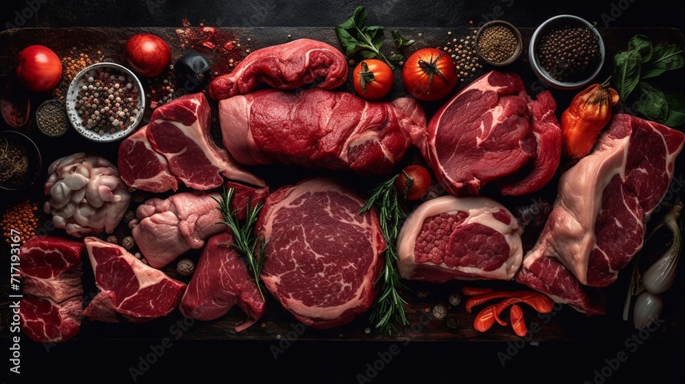 Top View of Smoked Meat Slice with Salad on a wooden table Top View of Smoked Meat Slice with Salad on a wooden table