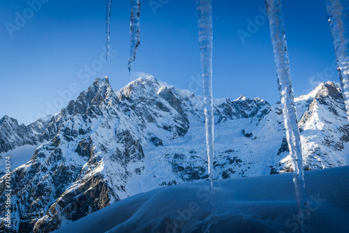 Mont Blanc breathtaking view through ice from Courmayeur ski center in Italy