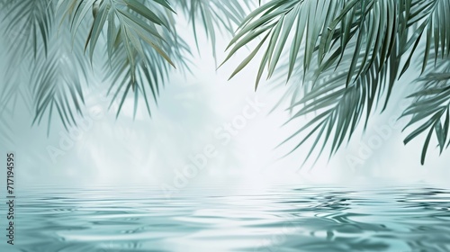 A tranquil poolside oasis with palm trees, soft shadows, and a serene water surface