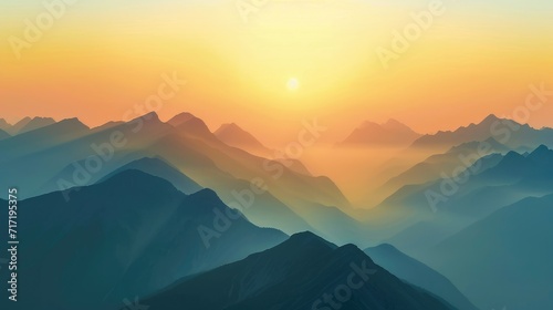 A serene mountain landscape at sunset with vibrant colors, misty atmosphere, and sharp peaks © Aidas