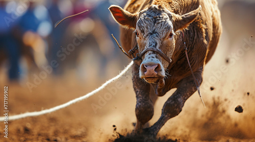 A close-up of a determined rodeo calf roper swiftly lassoing a calf during a roping competition, showcasing the precision and speed required in this traditional rodeo event. photo