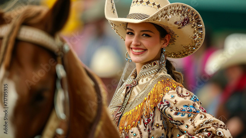 A rodeo queen elegantly participating in the grand entry, riding atop a beautifully adorned horse, embodying grace and poise as she leads the rodeo procession. photo