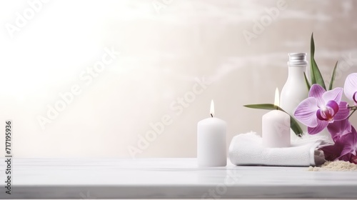 beautiful setup or orchid flowers and soap bars with candle for cosmetics and face wash natural spa products commercial as wide banner mockup display photo