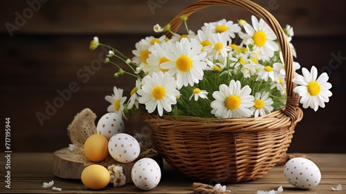 Basket filled with fresh daisies accompanied by decorated Easter eggs on a wooden surface