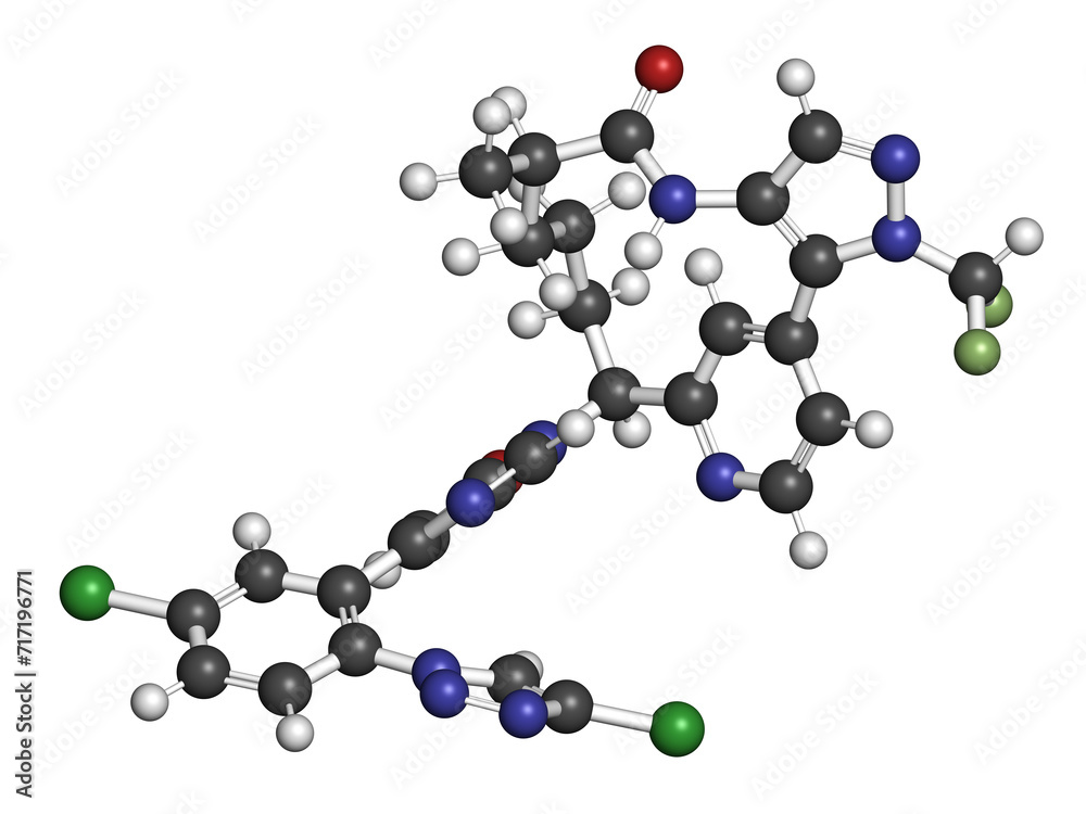 Milvexian anticoagulant drug molecule. 3D rendering. Milvexian anticoagulant drug molecule. 3D rendering.