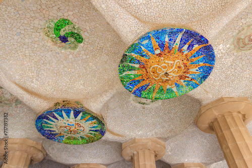 Ceiling of Hypostyle Room in Park Guell, Barcelona, Spain