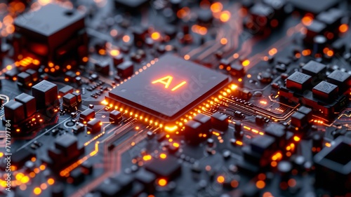 Microchip for Artificial Intelligence Training Acceleration. AI Letters on Colorful Computer Chip. generative ai