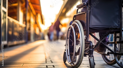 Person in a manual wheelchair waiting at a public transport stop  highlighting urban accessibility and the integration of disability-friendly features in public transportation. low view