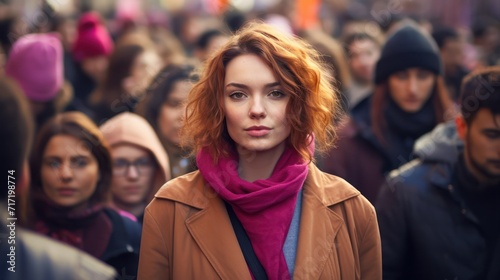 Close up portrait of female activist standing in a crowd of women during demonstration for women's right