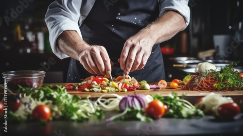 photo of a chefs hands cutting vegetables and preparing food in the kitchen of a luxury restaurant.