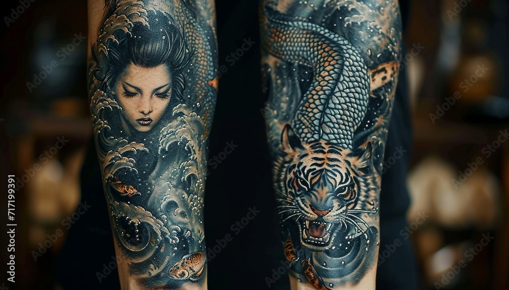 a forearm selve tattoo design, detailed, layered, black and gray, Japanese tattoo style, of a beautiful woman a tiger and fish,generative ai