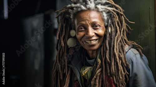 Portrait of a mature woman with dreadlocks looking at the camera with a smile