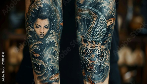 a forearm selve tattoo design, detailed, layered, black and gray, Japanese tattoo style, of a beautiful woman a tiger and fish,generative ai