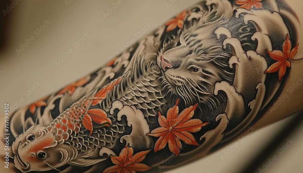 a forearm selve tattoo design, detailed, layered, black and gray, Japanese tattoo style, of a beautiful woman a tiger and fish,generative ai a forearm selve tattoo design, detailed, layered, black and gray, Japanese tattoo style, of a beautiful woman a tiger and fish,generative ai