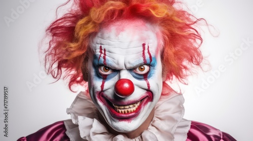 portrait of a scary crazy looking maniac killer clown with make-up and big red nose with colorful hair and joker outfit. isolated on white background