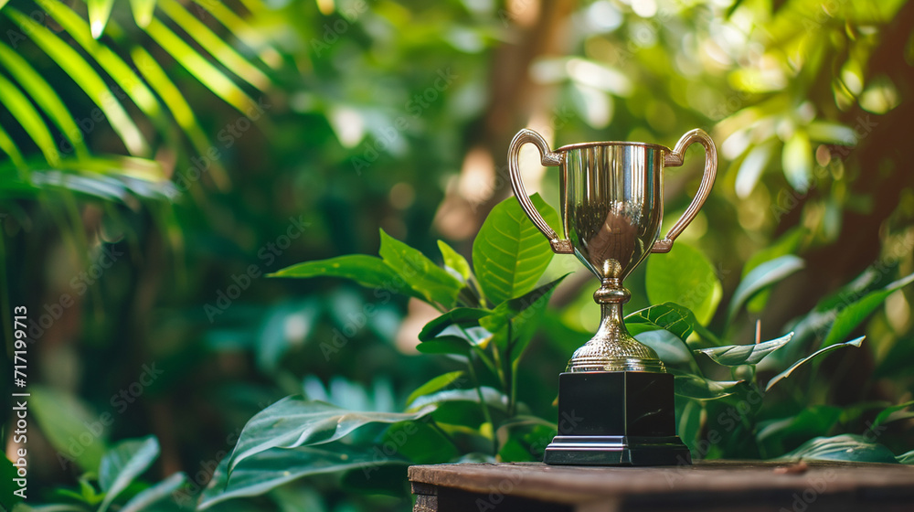 Trophy on a wooden table against lush green foliage. Trophy on a wooden table against lush green foliage.