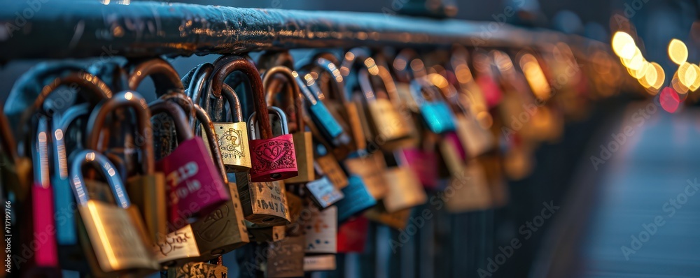 portrays numerous love locks symbolizing eternal love on a bridge Copy space