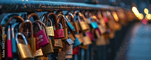 portrays numerous love locks symbolizing eternal love on a bridge Copy space