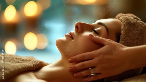 Relaxing Head Massage at a Tranquil Spa. Woman receiving a calming head massage in a softly lit spa environment.