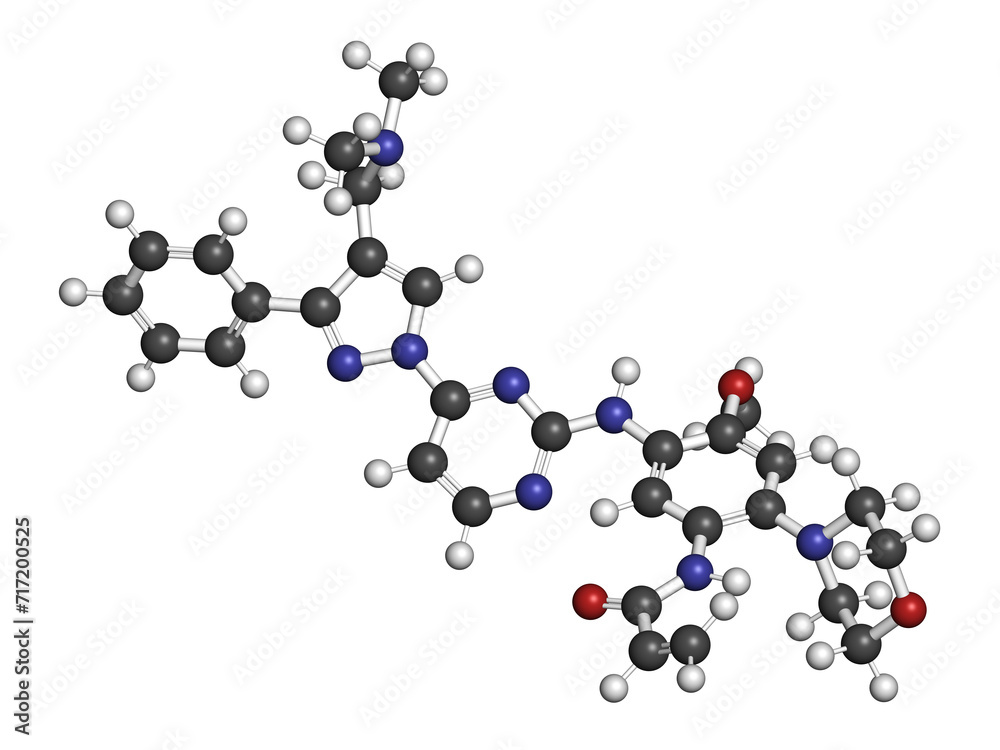 Lazertinib cancer drug molecule. 3D rendering. Lazertinib cancer drug molecule. 3D rendering.