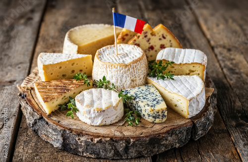 plateau de fromages français avec un drapeau bleu blanc rouge dessus photo