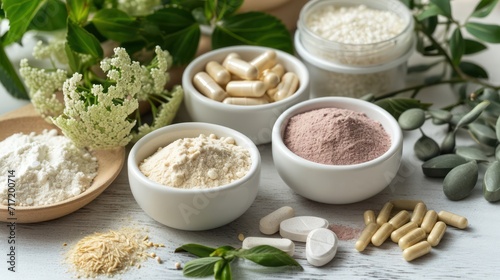 Various dietary supplements for health and beauty, like collagen, vitamins, biotin, and protein, in pill and powder forms.