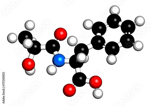 N-lactoyl phenylalanine (Lac-Phe) molecule. 3D rendering.