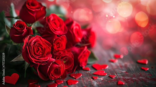 Bouquet of red roses on a wooden background and bokeh background. Valentine's Day, Mother's Day