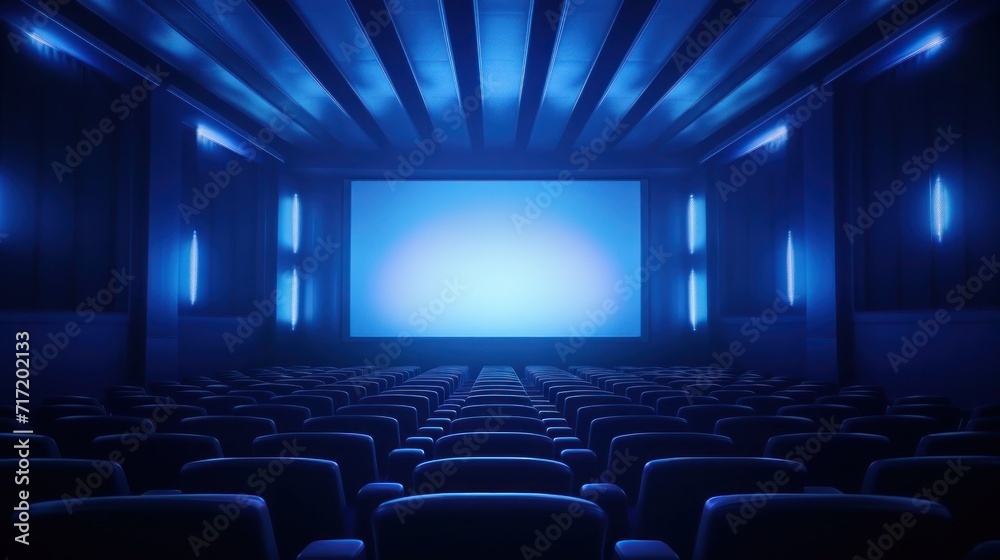 Empty of cinema in blue color with white blank screen. Mockup of auditorium no people