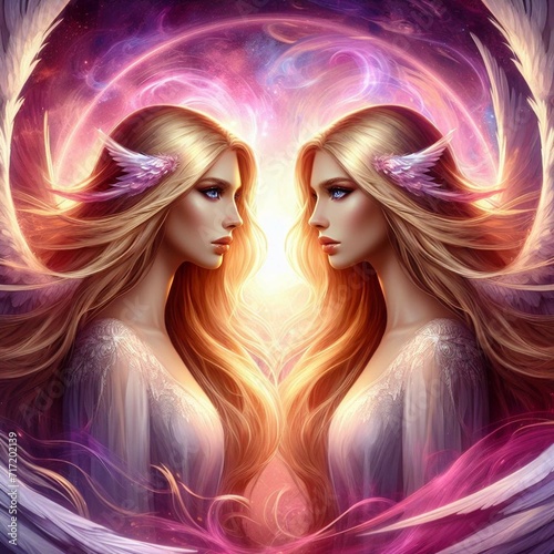 Twin flame couple. Soulmates. The concept of magical, esoteric, tantric, spiritual love. Connection between souls. Illustration for websites and much more. Created using generative ai tools.