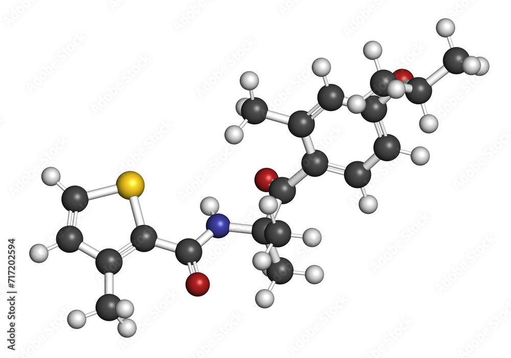 Isofetamid fungicide molecule. 3D rendering. Isofetamid fungicide molecule. 3D rendering.
