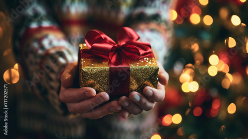 a beautiful gift box in the hands of a woman close-up.holiday.bokeh background.