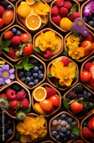Bowls with different fruits and berries served on a table.