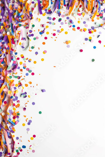 Colorful ribbons and confetti on a white background symbolizing celebration.