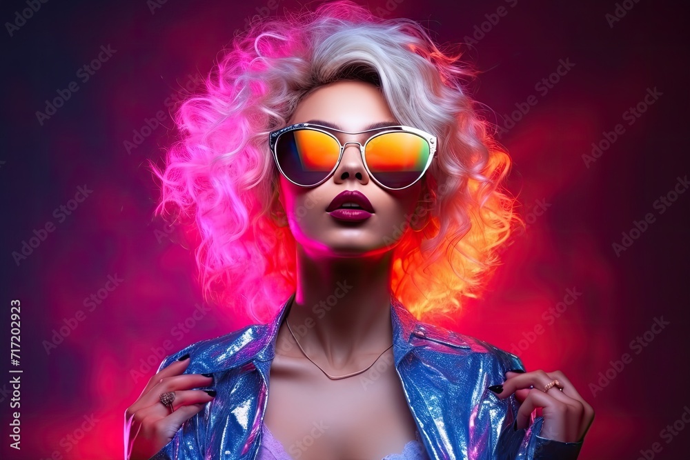 Futuristic portrait of a beautiful woman with sunglasses and strong colors and space for copy. Red and black Background.