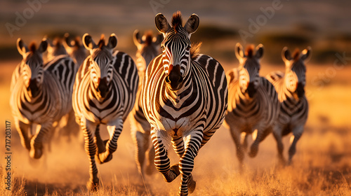 group of zebras running across the plains  AI Generative.