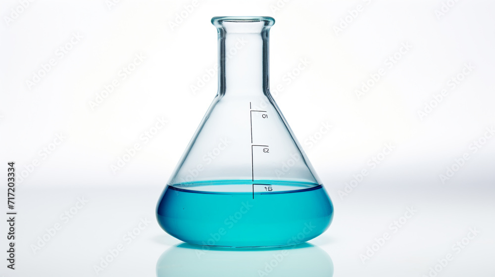 Laboratory flask with light blue liquid, AI Generative.