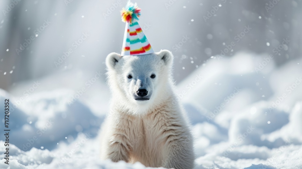 Baby polar bear with birthday hat generative ai Baby polar bear with birthday hat generative ai