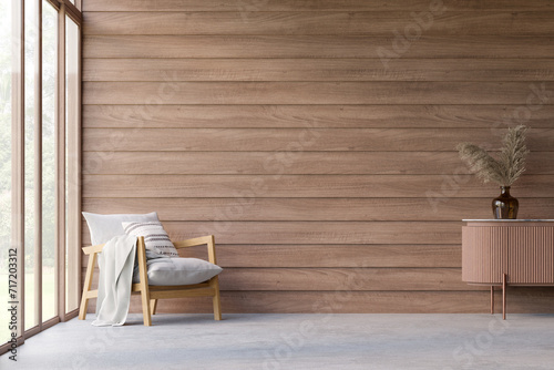 Fototapeta Naklejka Na Ścianę i Meble -  Modern contemporary loft style wooden living room 3d render, There are concrete floors, empty plank wall,  decorated with fabric chair and Wooden cabinet,  large window overlooking nature view
