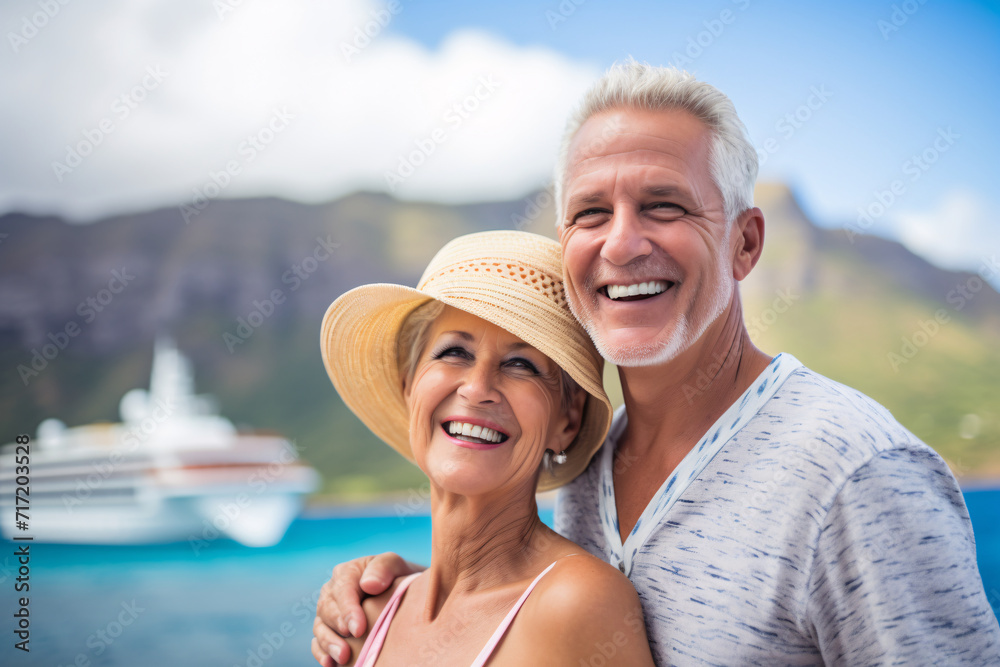 Attractive retired couple posing together wearing hats and smiling in front of the cruise ship before boarding the ship