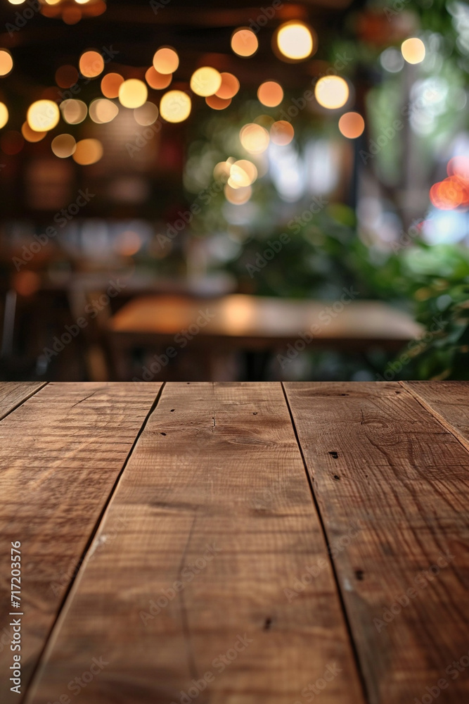 wood table on blur of cafe, coffee shop, bar, background - can used for display or montage.