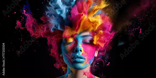 Stunning portrait of a beautiful woman with strong colors and space for copy. Black Background.