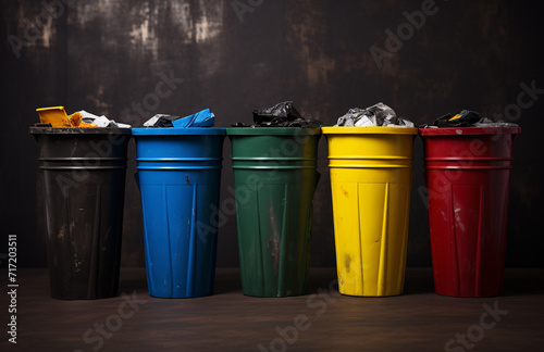 Recycling bins sorted by colour and waste.