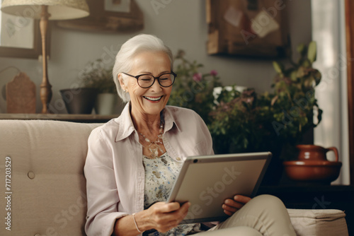Elderly lady with glasses smiling using a tablet at home browsing internet or watching videos
