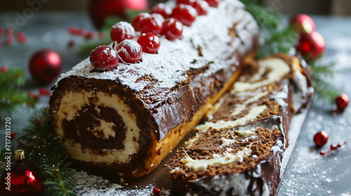 yule log Christmas roll cake.Chocolate yule log christmas cake.