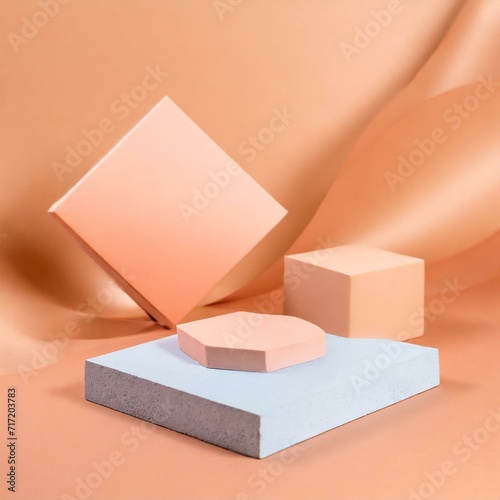 Minimalist style podium with geometric shapes to display products on a monochrome background in peach fuzz tones