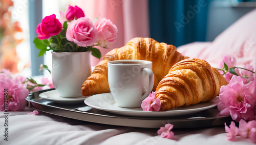 Croissants, a cup of coffee, flowers on a tray in the bedroom
